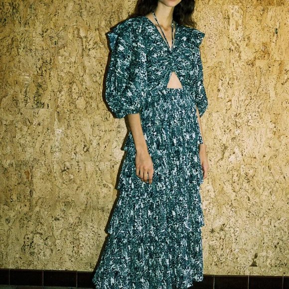 Sea Ny Priya Tiered Dress Printed Smocked Puff Sleeve XS